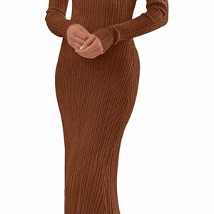 Chic Long Sleeve Ribbed Dress in Brown